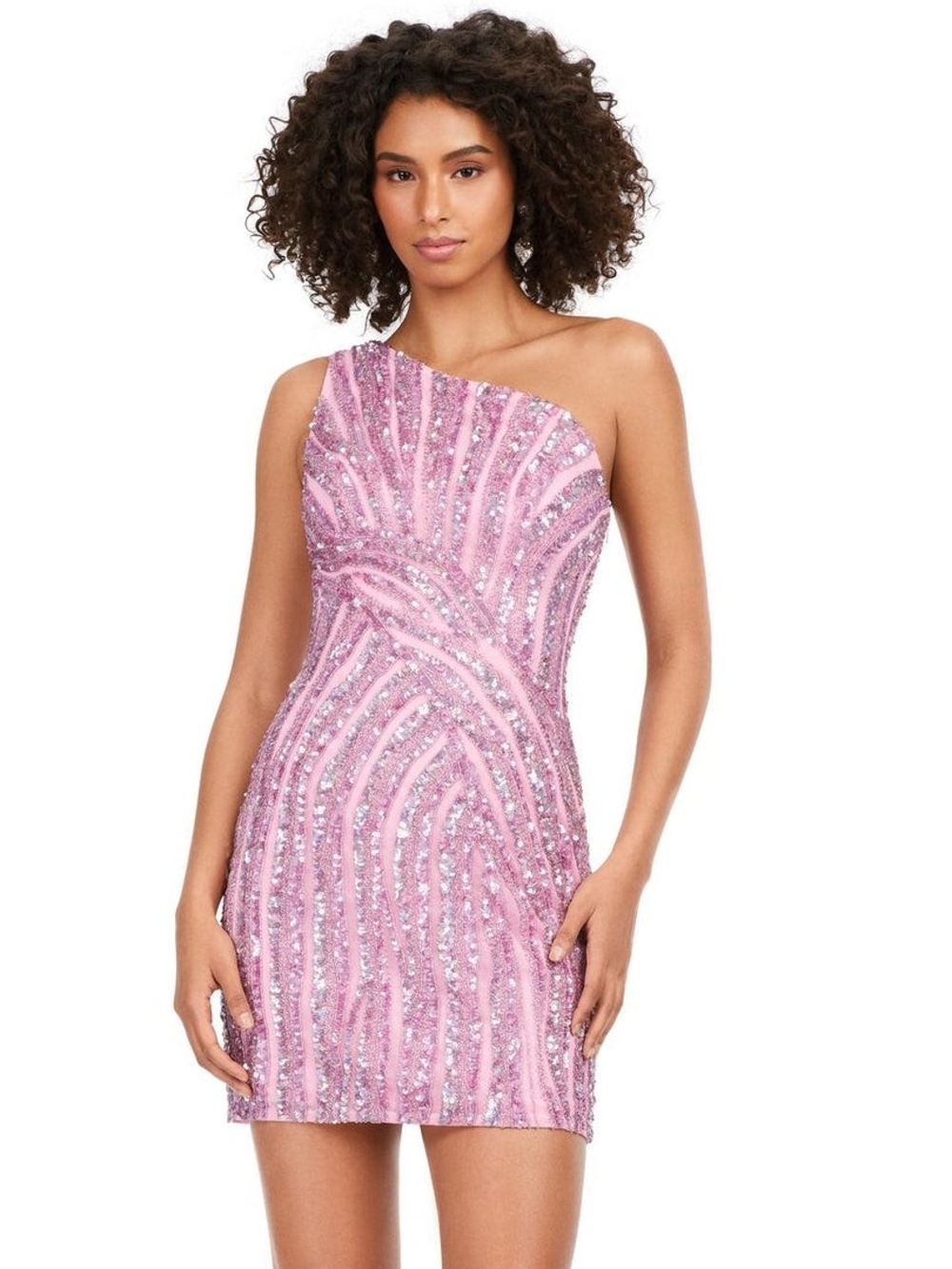 Asymmetric One-Shoulder Pink Sequin Mini Dress